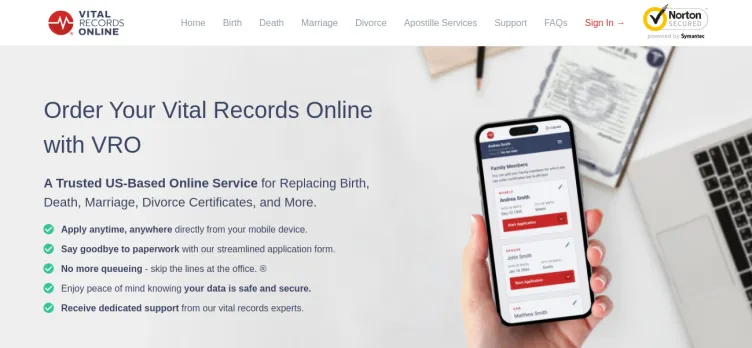 Screenshot Vital Records Online