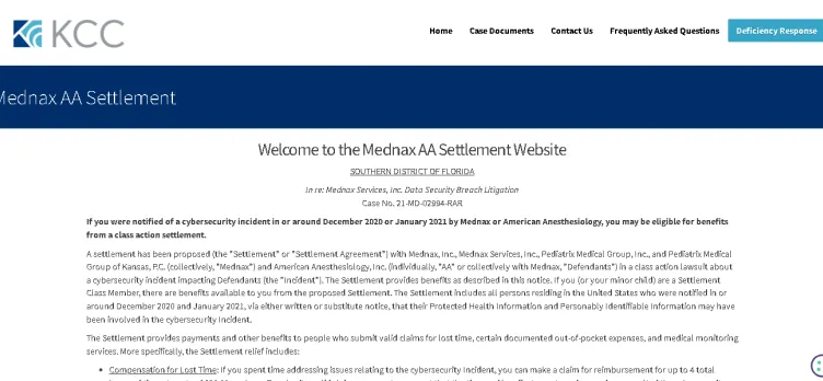 Screenshot Mednax AA Settlement